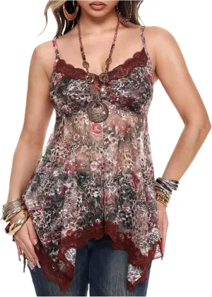 SOLY HUX Women's Lace Leopard Print Flowy Camisole Top Scoop Neck Spaghetti Strap Sheer Asymmetrical Tops