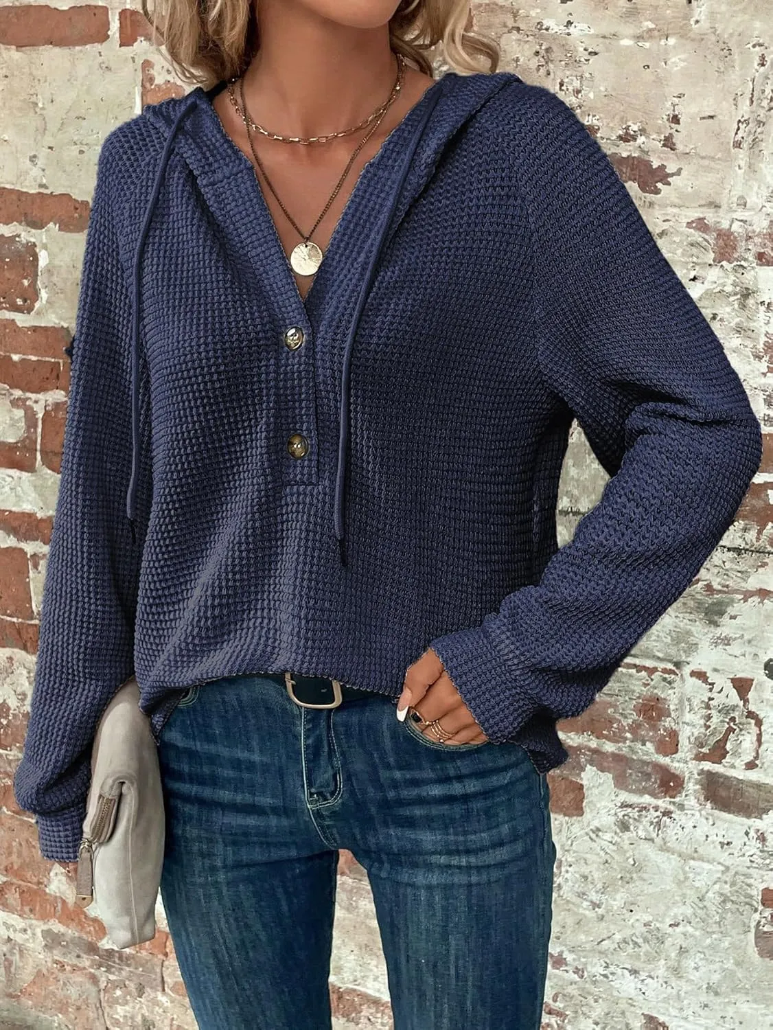 SOLY HUX Women's Oversized Sweatshirts Waffle Knit Hoodies Trendy Casual V Neck Button Pullover Hooded Tops