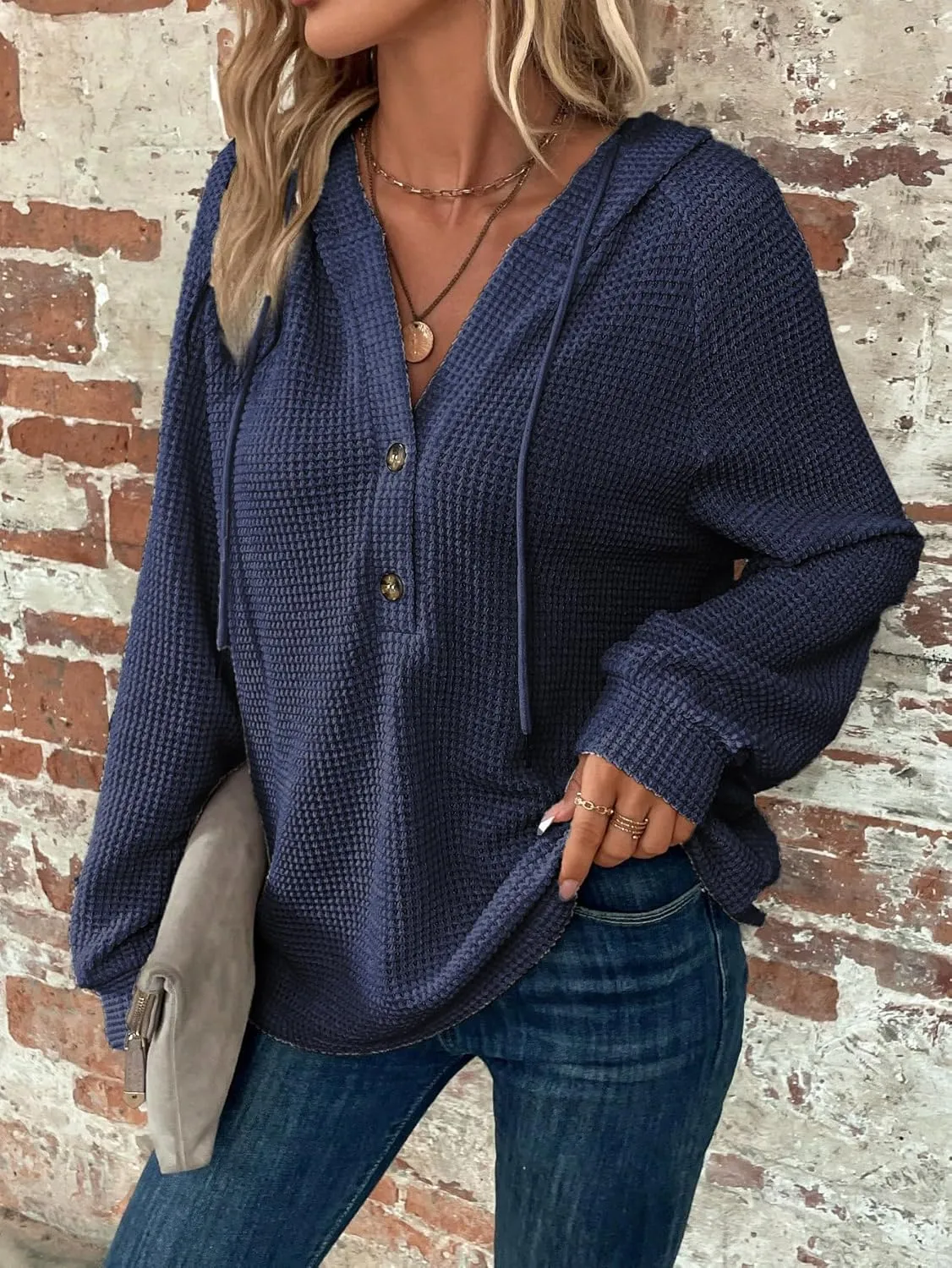 SOLY HUX Women's Oversized Sweatshirts Waffle Knit Hoodies Trendy Casual V Neck Button Pullover Hooded Tops