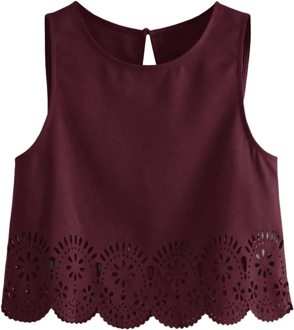 SOLY HUX Women's Summer Tank Tops Hollow Out Scallop Trim Sleeveless Vest Crop Top