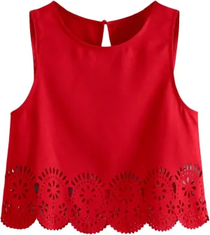 SOLY HUX Women's Summer Tank Tops Hollow Out Scallop Trim Sleeveless Vest Crop Top