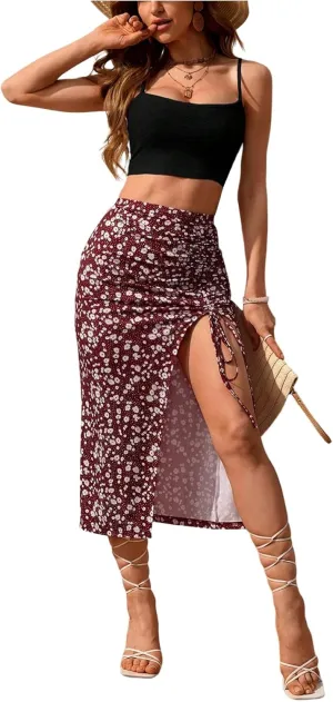 SOLY HUX Women's Summer Two Piece Outfits Cami Tops and Floral Print Drawstring Split Skirt Set