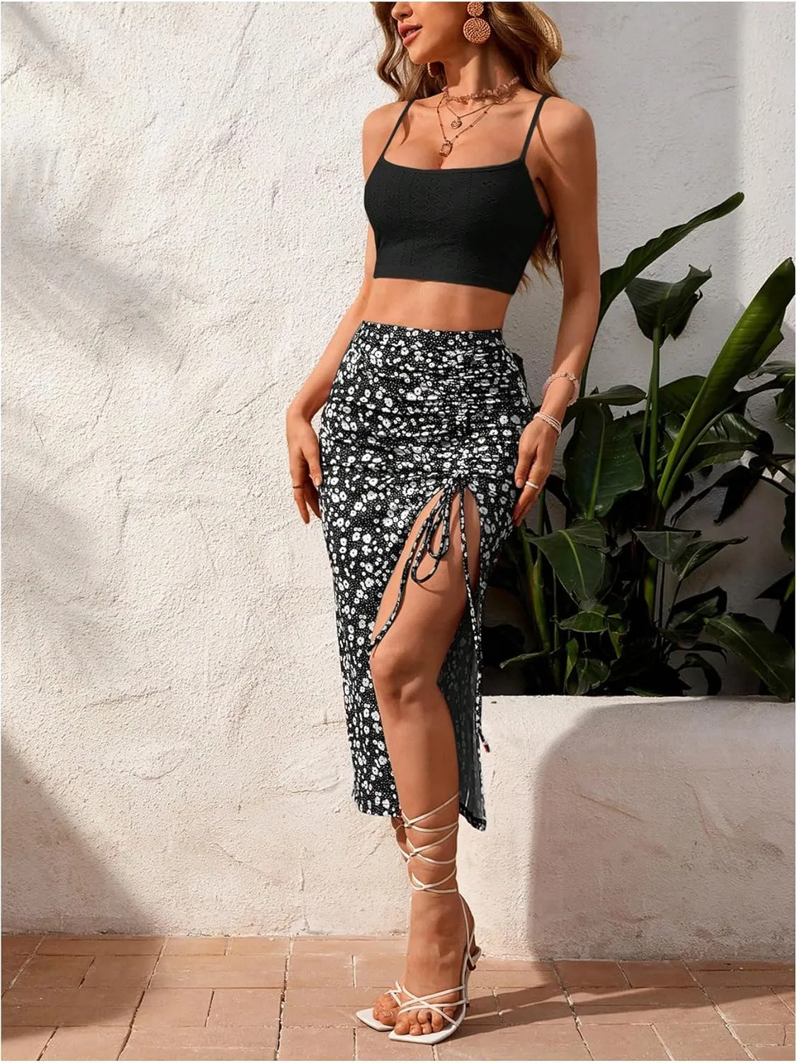 SOLY HUX Women's Summer Two Piece Outfits Cami Tops and Floral Print Drawstring Split Skirt Set