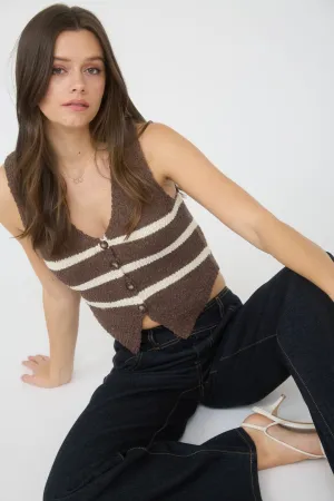 STRIPE V NECK BUTTON FRONT SLEEVELESS KNIT VEST