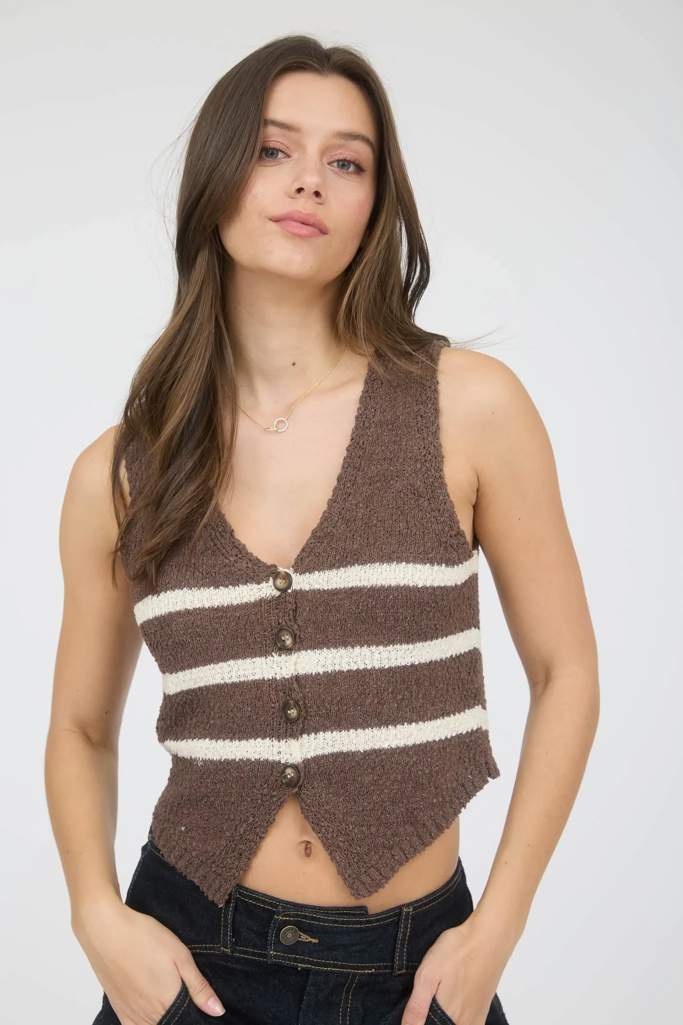 STRIPE V NECK BUTTON FRONT SLEEVELESS KNIT VEST