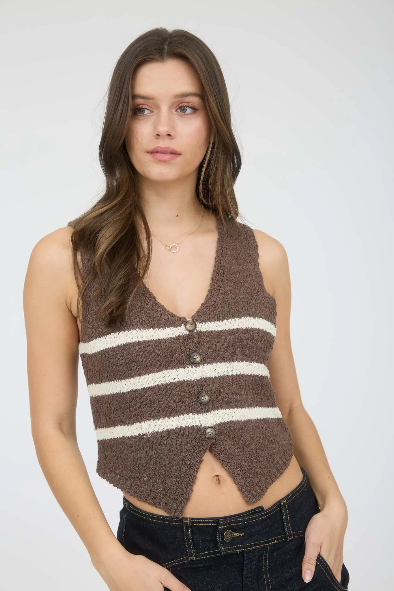 STRIPE V NECK BUTTON FRONT SLEEVELESS KNIT VEST