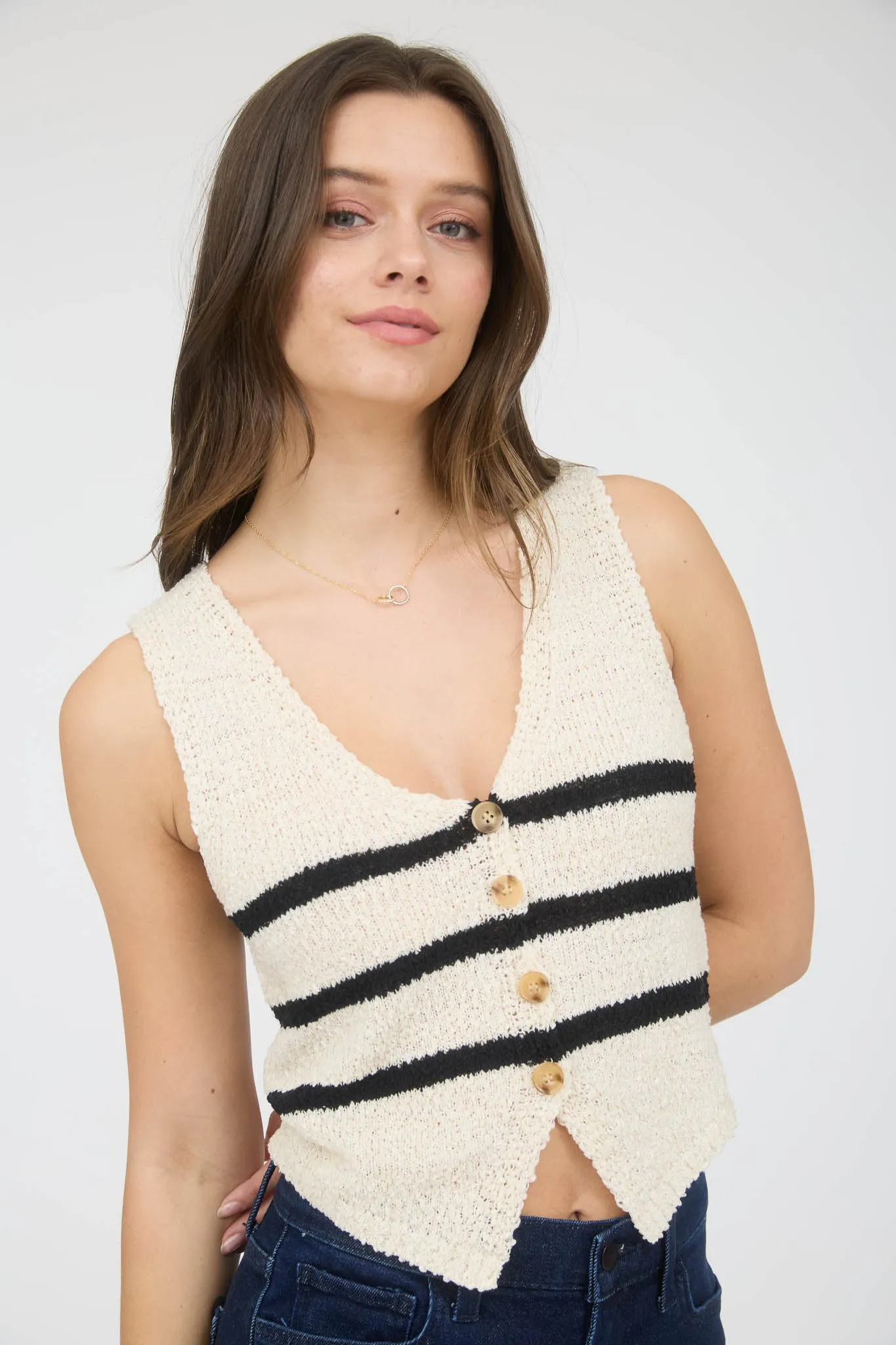 STRIPE V NECK BUTTON FRONT SLEEVELESS KNIT VEST
