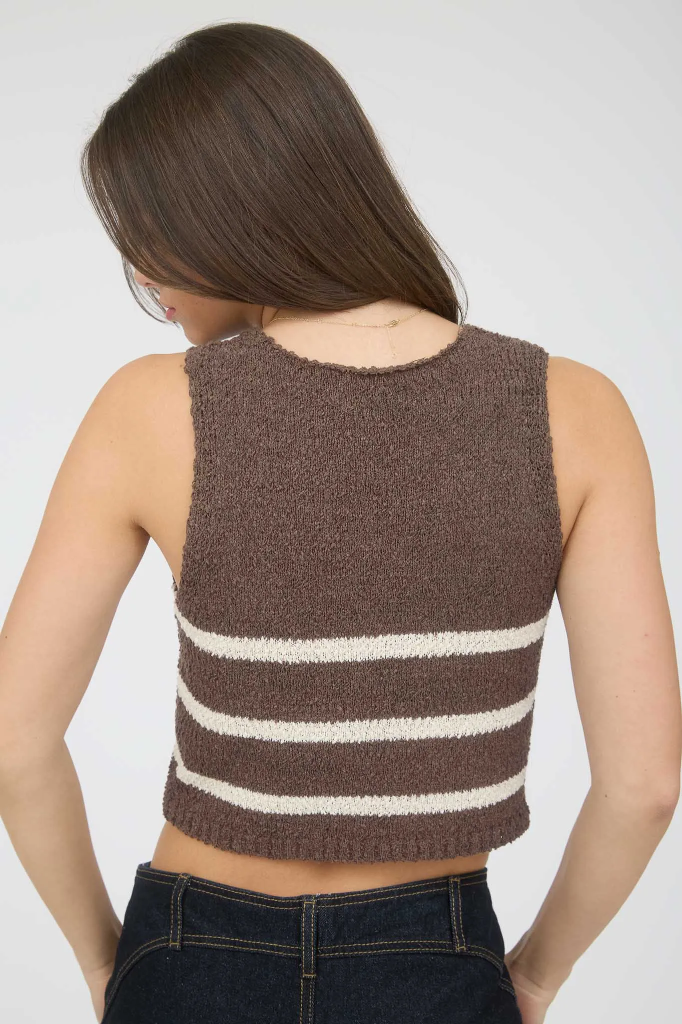 STRIPE V NECK BUTTON FRONT SLEEVELESS KNIT VEST