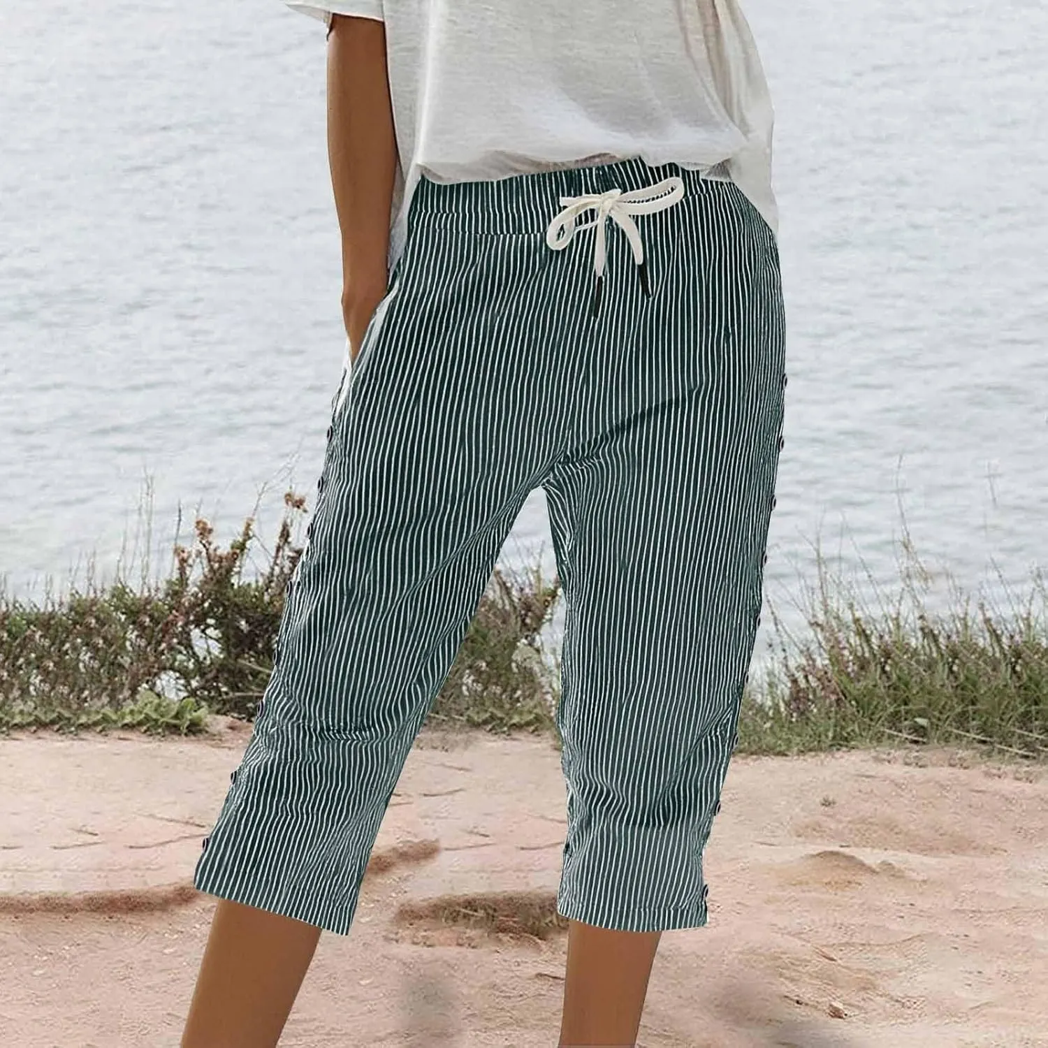 Striped Linen Pants Women 2025 Summer Casual Elastic Waist Pants Wide Leg Drawstring Trousers with Pockets