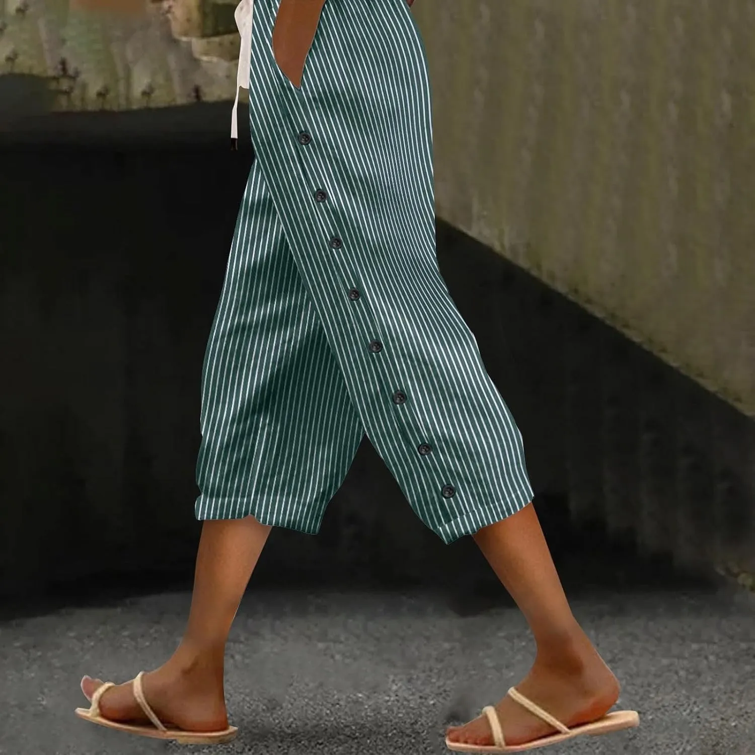 Striped Linen Pants Women 2025 Summer Casual Elastic Waist Pants Wide Leg Drawstring Trousers with Pockets