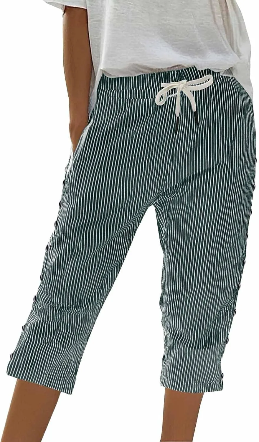 Striped Linen Pants Women 2025 Summer Casual Elastic Waist Pants Wide Leg Drawstring Trousers with Pockets