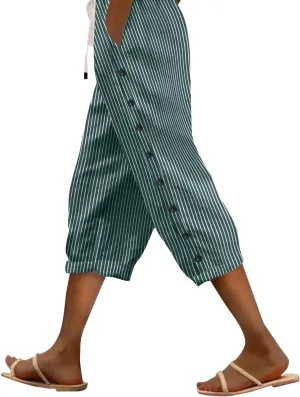 Striped Linen Pants Women 2025 Summer Casual Elastic Waist Pants Wide Leg Drawstring Trousers with Pockets
