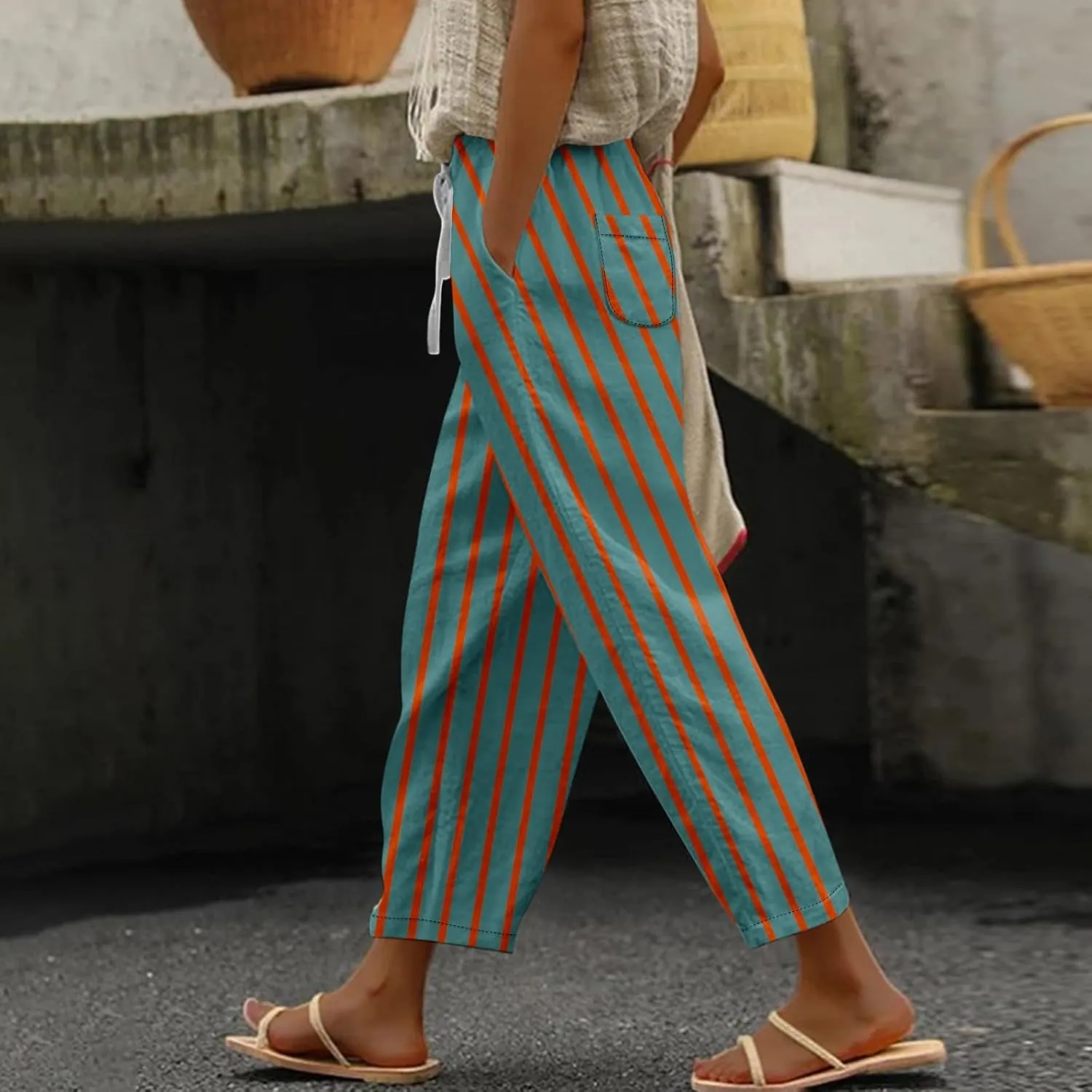 Striped Linen Pants Women Elastic Waist Trendy Drawstring Capri Pants Casual Loose Summer Beach Trouser