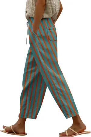Striped Linen Pants Women Elastic Waist Trendy Drawstring Capri Pants Casual Loose Summer Beach Trouser