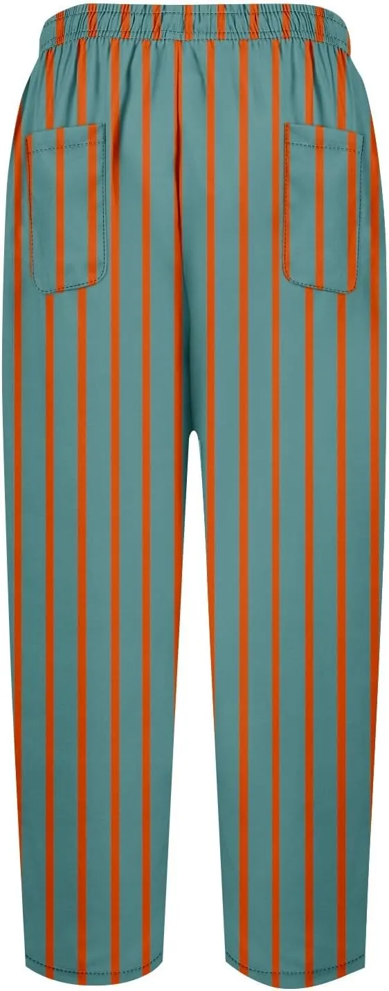 Striped Linen Pants Women Elastic Waist Trendy Drawstring Capri Pants Casual Loose Summer Beach Trouser