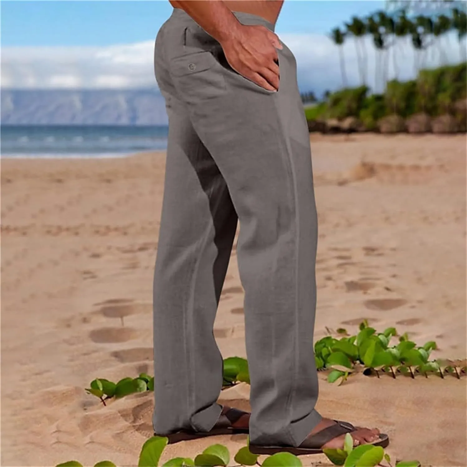 Summer Linen Dressy Pants for Mens Casual Solid Color Business Trousers Lightweight Wide Leg Cargo Sweatpants with Pockets
