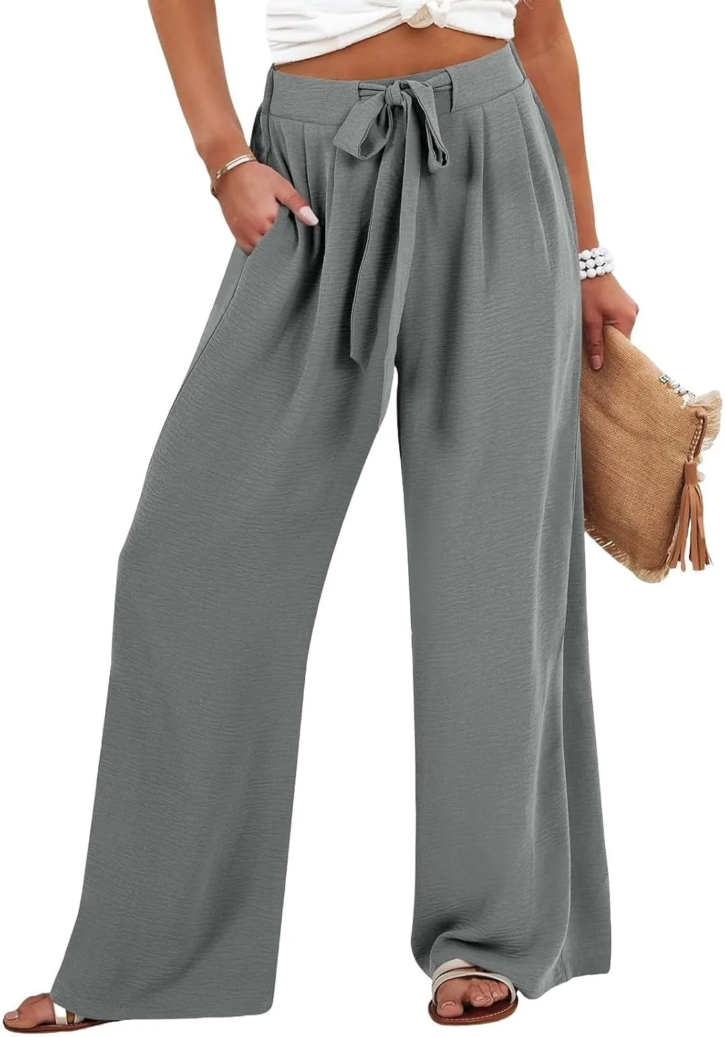Summer Linen Pants for Women 2025 High Waisted Wide Leg Palazzo Pants Casual Loose Flowy Beach Trousers with Pockets