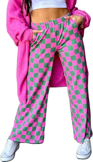Sunloudy Womens Checkered Wide Leg Pants High Elastic Waisted Straight Loose Fitted LoungeTrouser Streetwear