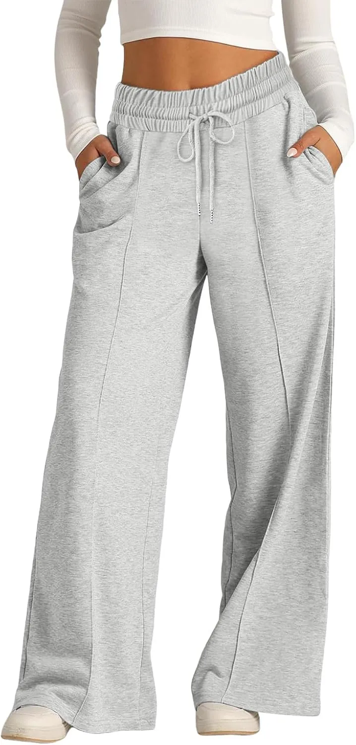 Sweatpants Women Baggy Wide Leg Elastic Drawstring Lounge Pants Straight Leg Open Bottom High Waist Joggers Trouser