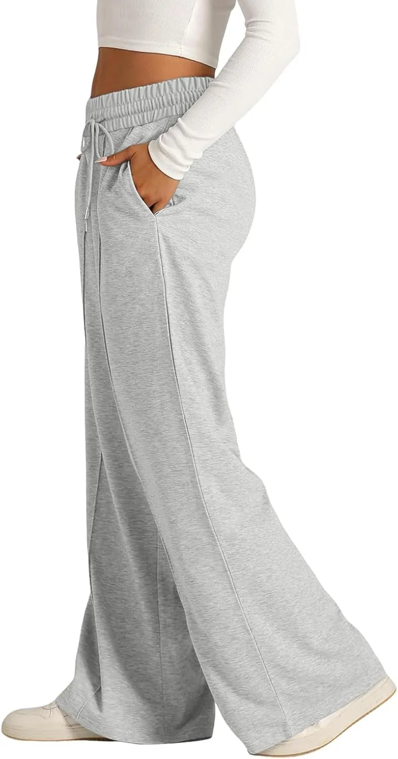 Sweatpants Women Baggy Wide Leg Elastic Drawstring Lounge Pants Straight Leg Open Bottom High Waist Joggers Trouser