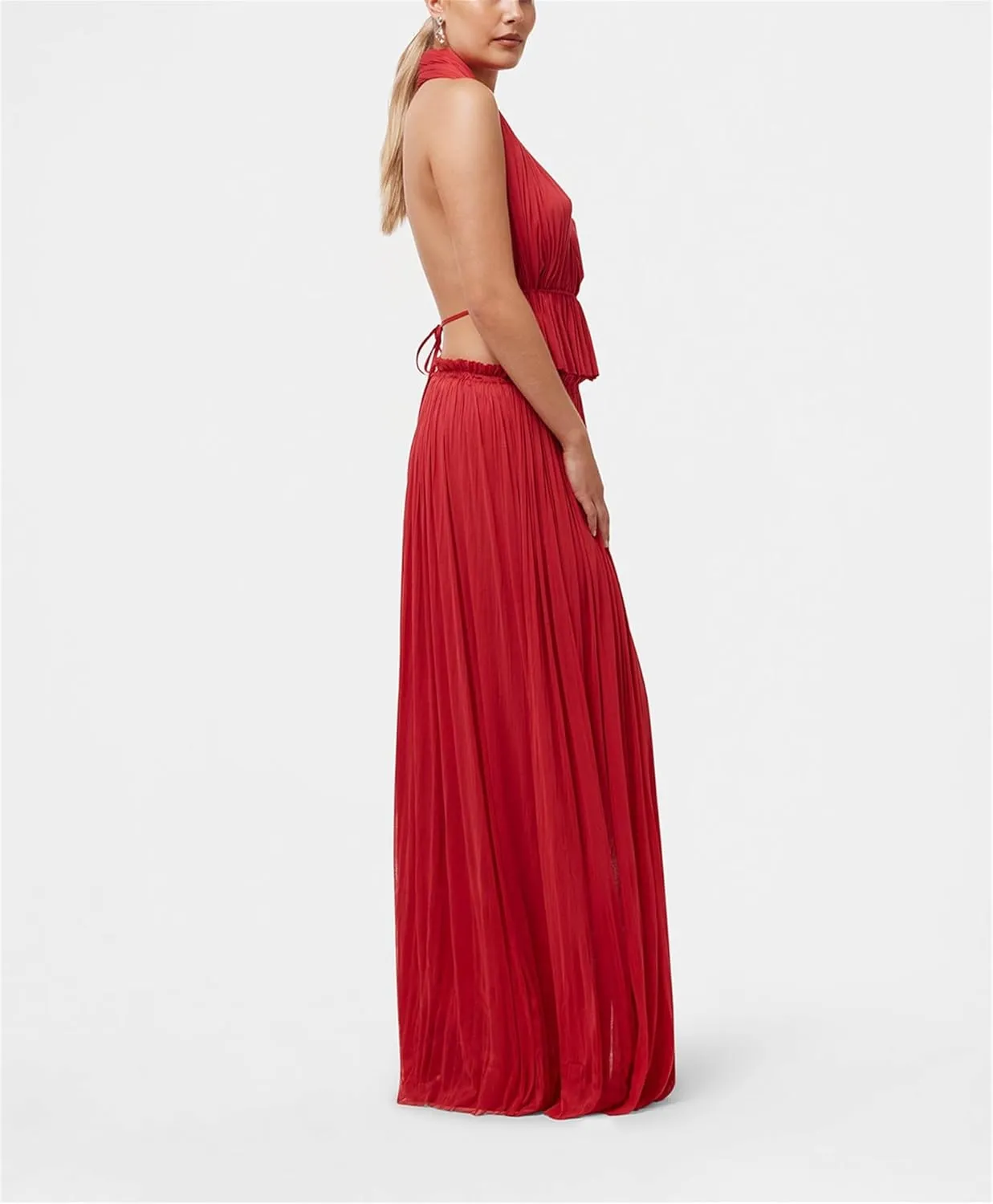 Thopavenoir Women's Sexy 2 Piece Outfits Halter Neck Backless Tank Tops and Pleated Swing Maxi Skirt Sets Summer Beachwear