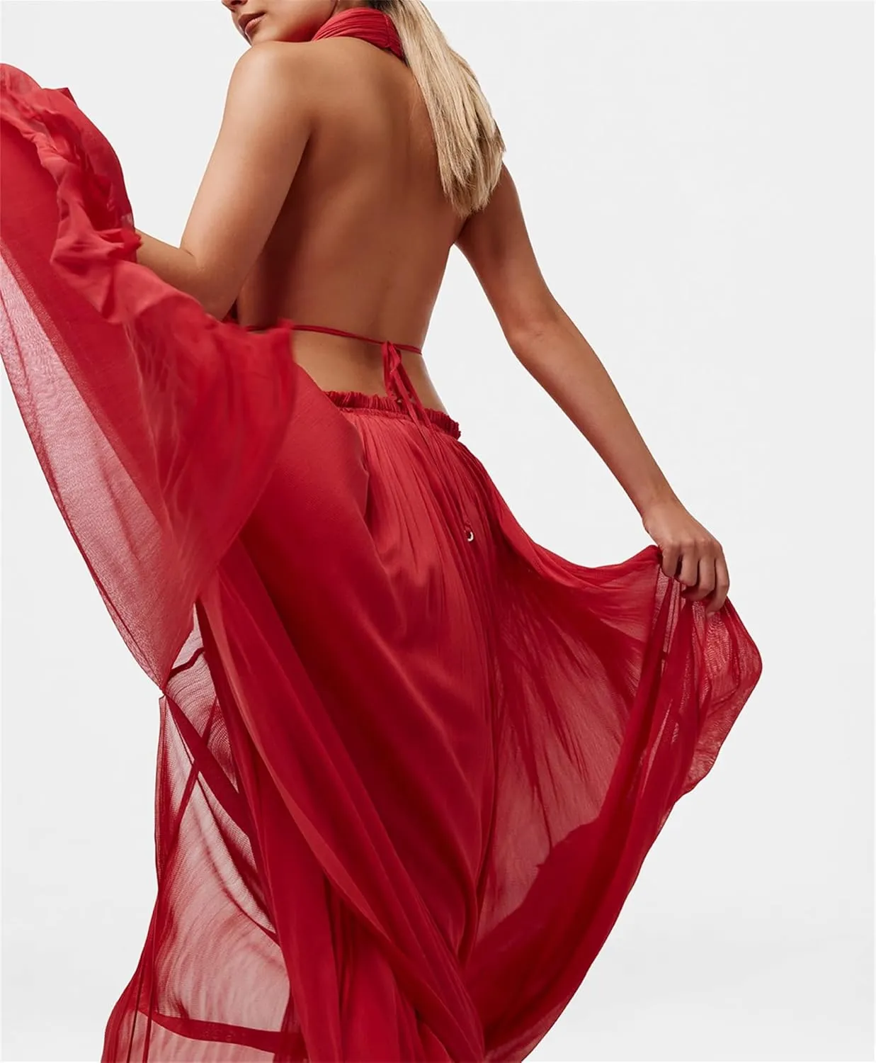 Thopavenoir Women's Sexy 2 Piece Outfits Halter Neck Backless Tank Tops and Pleated Swing Maxi Skirt Sets Summer Beachwear