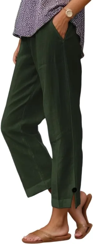 TIAFORD Womens Summer Cotton Linen Elastic High Waist Cropped Pants Casual Loose Straight Leg Beach Trousers with Pockets