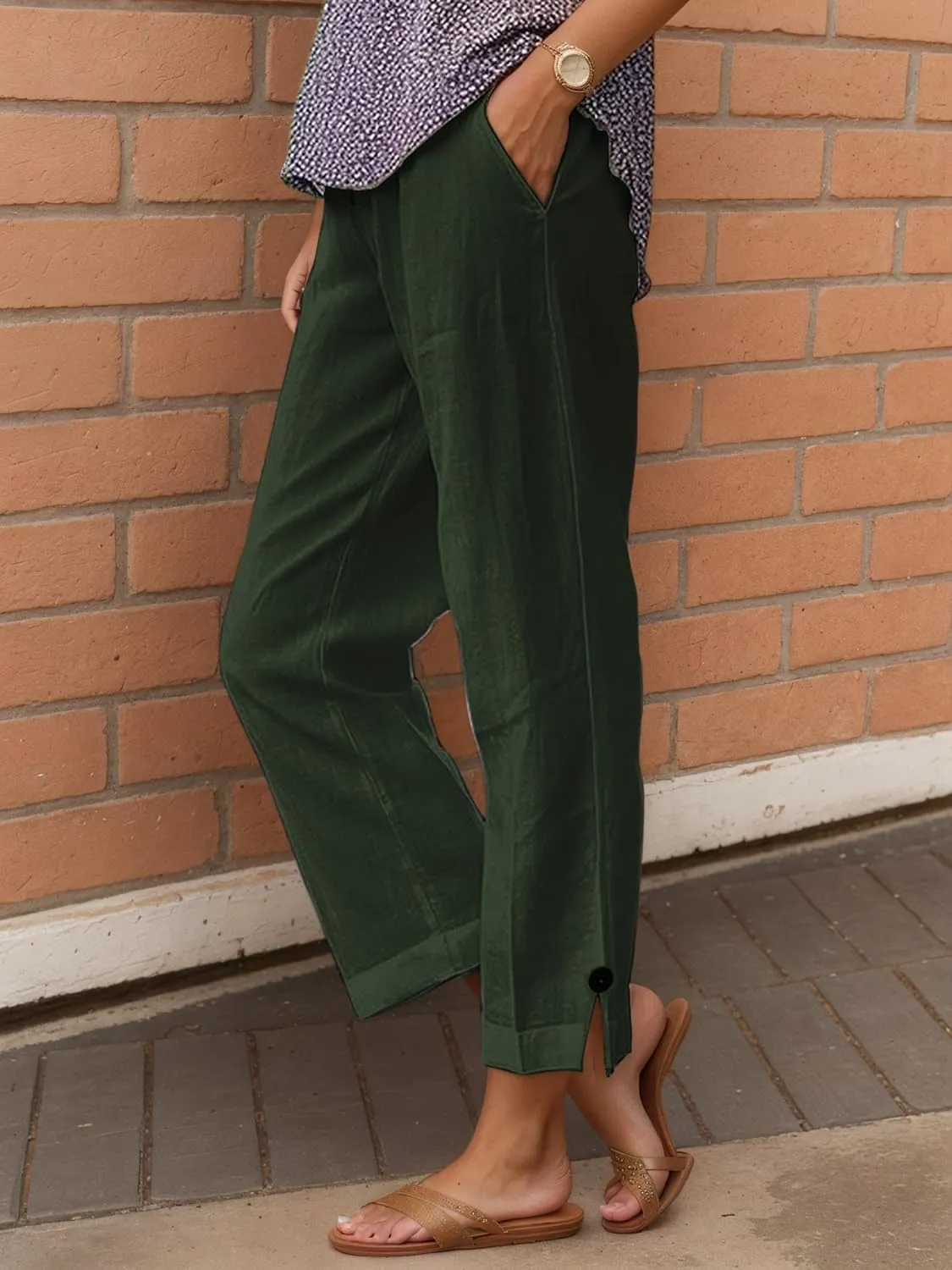 TIAFORD Womens Summer Cotton Linen Elastic High Waist Cropped Pants Casual Loose Straight Leg Beach Trousers with Pockets
