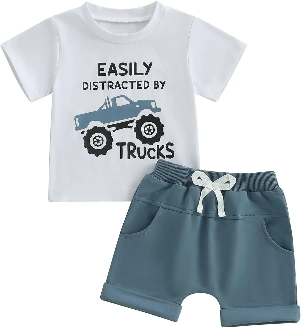 Toddler Baby Boy Clothes Summer Short Sleeve Truck Print T-Shirt Tops Solid Color Shorts Set 2Pcs Casual Outfit