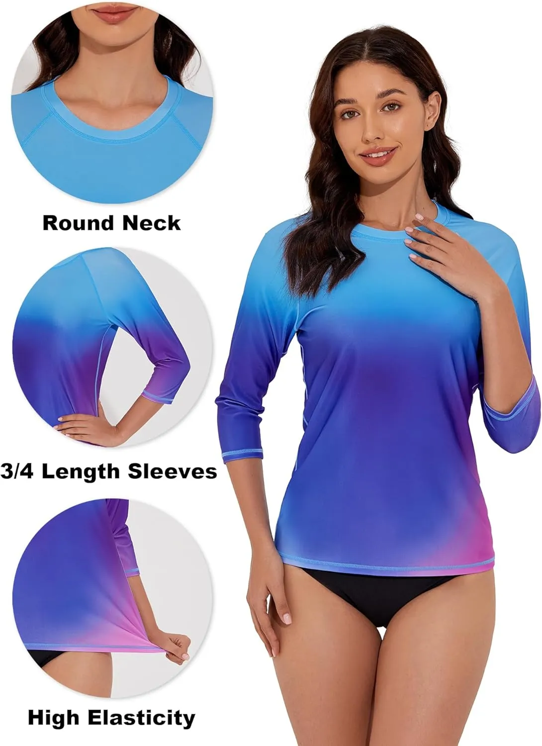 Tournesol Women's Rash Guard 3/4 Sleeve Swim Shirts SPF & UV Protection Rashguard Swimsuit Tops Round Neck Swimwear Top