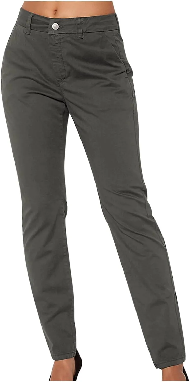 Trendy Business Casual Pants for Women 2024 Button Waist Solid Color Slim Trousers with Pockets Summer Work Pants
