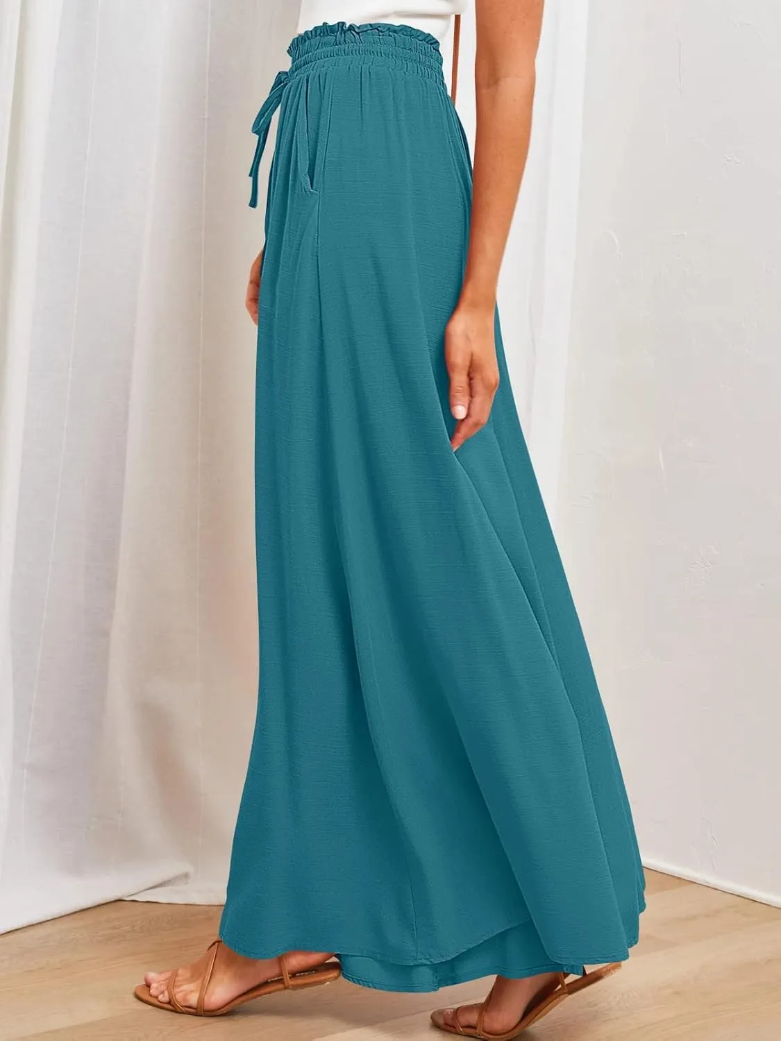 utcoco Palazzo Pants for Women Casual Loose High Waisted Wide Leg Pants with Drawstring