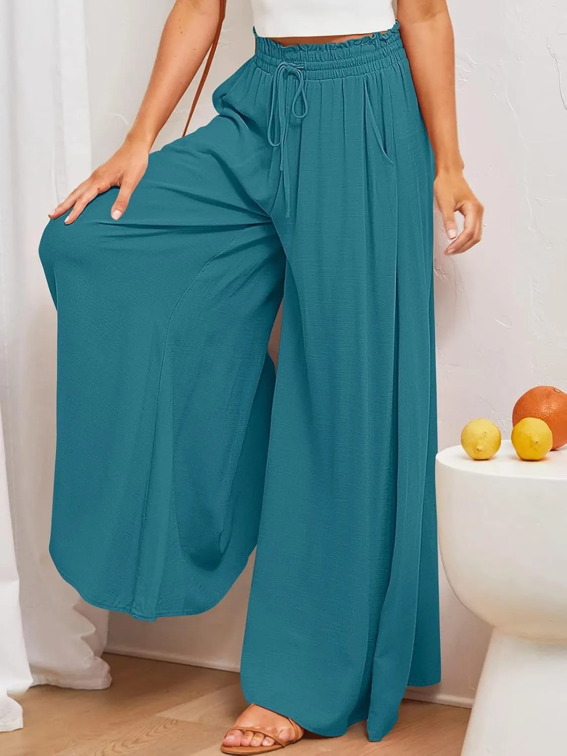utcoco Palazzo Pants for Women Casual Loose High Waisted Wide Leg Pants with Drawstring