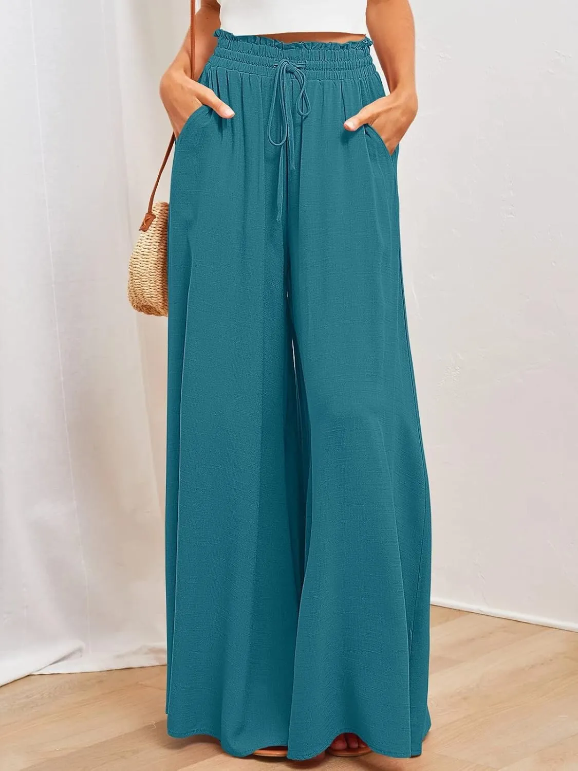 utcoco Palazzo Pants for Women Casual Loose High Waisted Wide Leg Pants with Drawstring