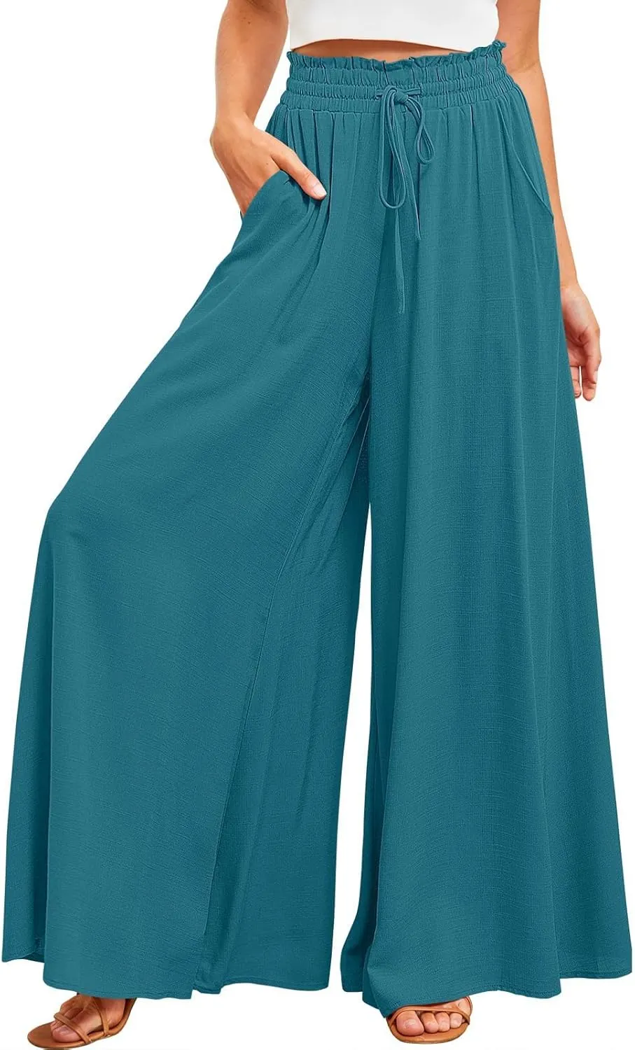 utcoco Palazzo Pants for Women Casual Loose High Waisted Wide Leg Pants with Drawstring