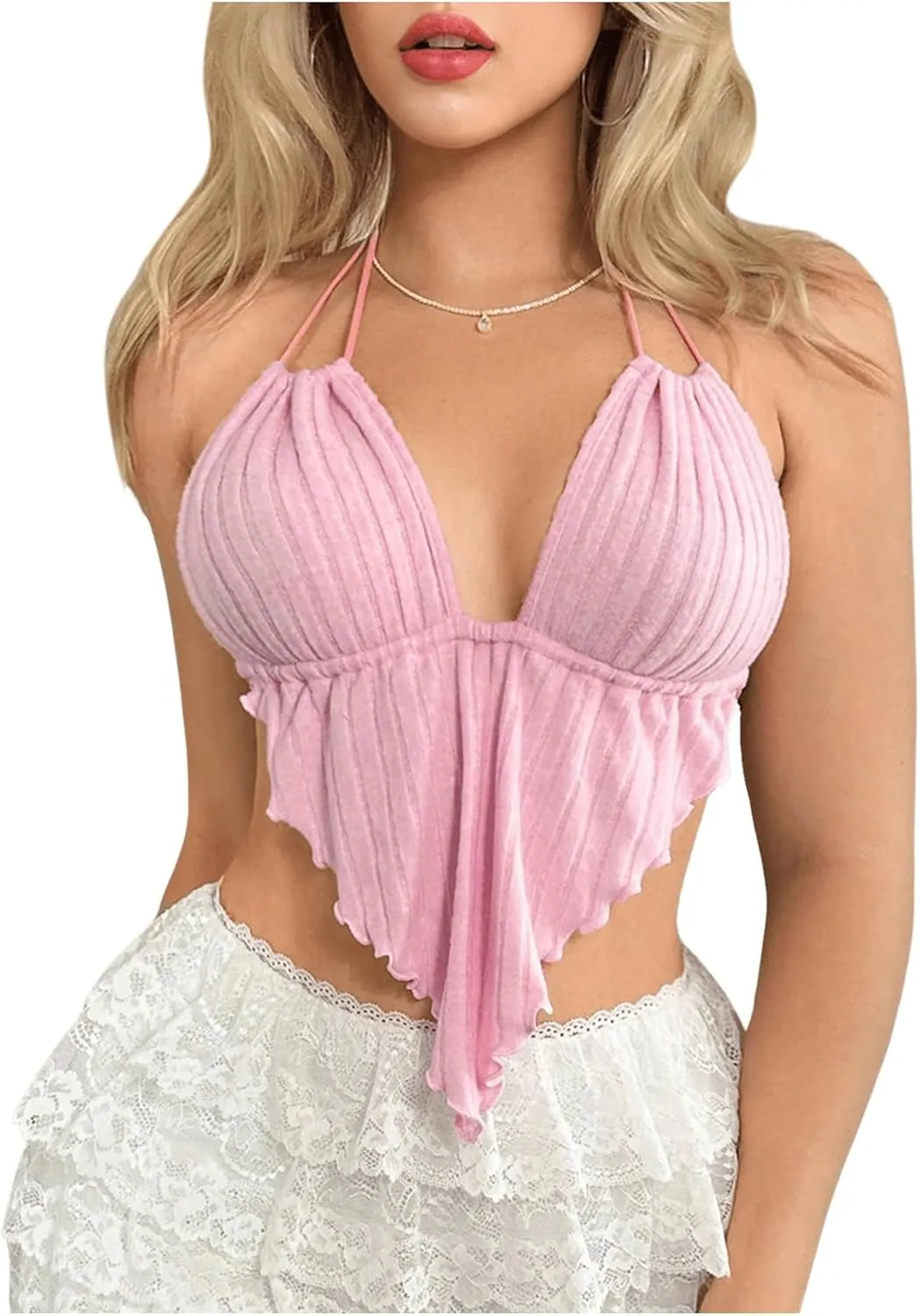 Verdusa Women's Sexy Leopard Print Deep V Halter Crop Tops Ruffle Going Out Top Party Clubwear