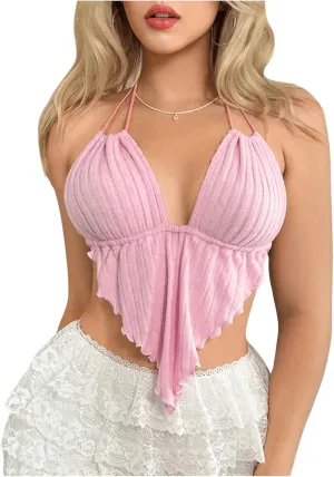 Verdusa Women's Sexy Leopard Print Deep V Halter Crop Tops Ruffle Going Out Top Party Clubwear