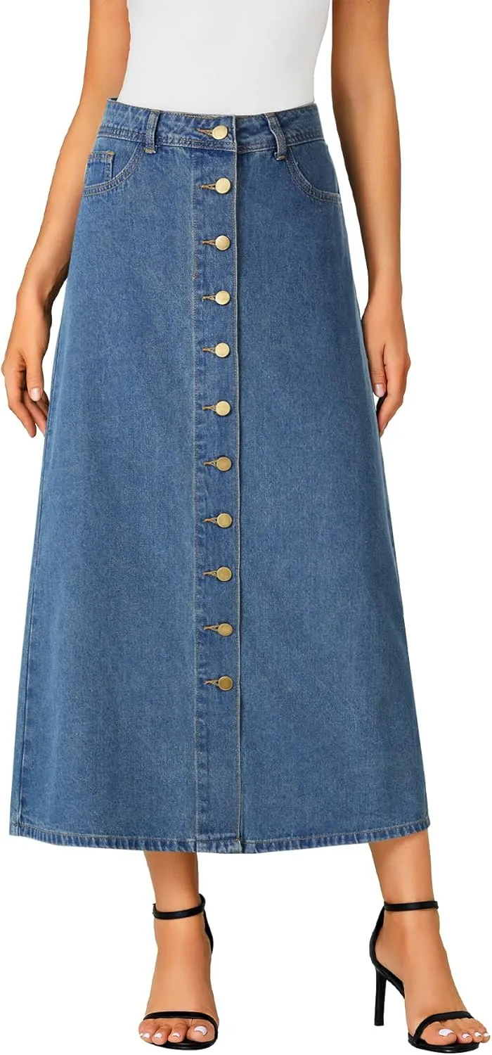 Vrtige Women's Casual Button Down High Waisted A Line Jean Midi Long Denim Skirt with Pockets