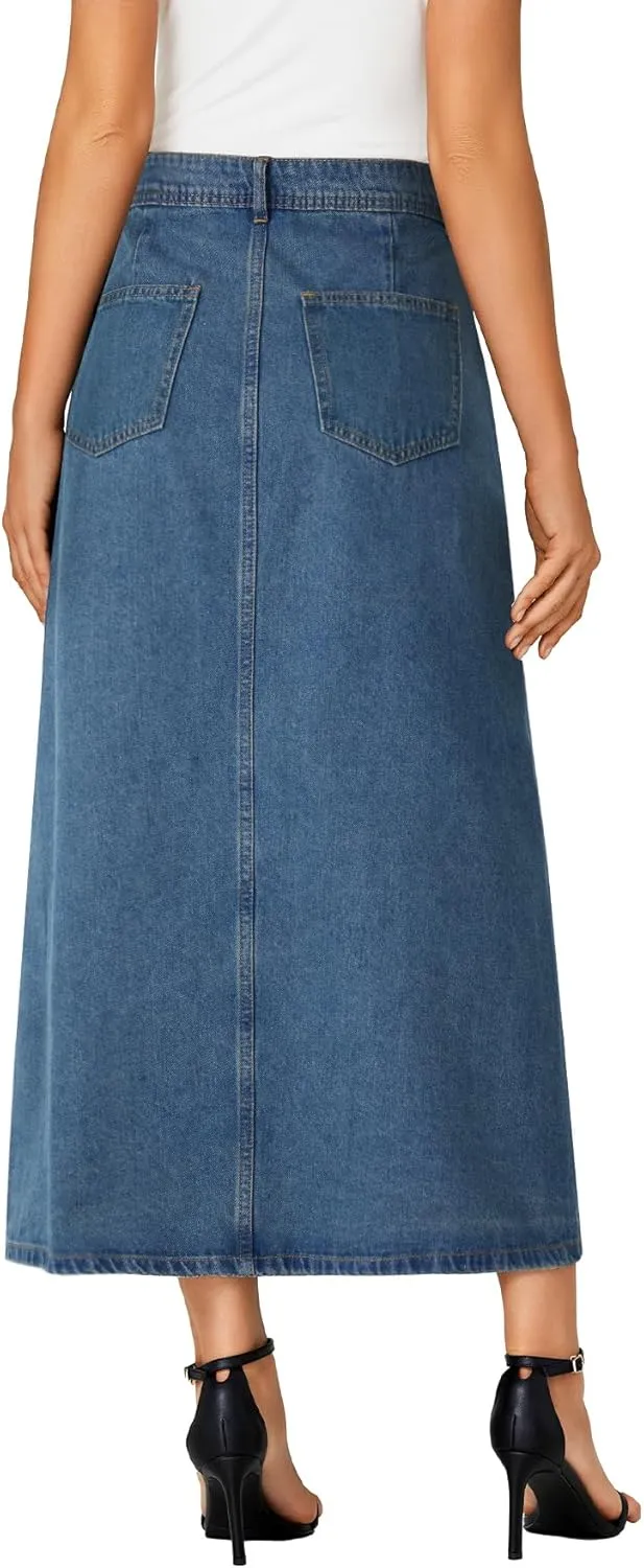 Vrtige Women's Casual Button Down High Waisted A Line Jean Midi Long Denim Skirt with Pockets