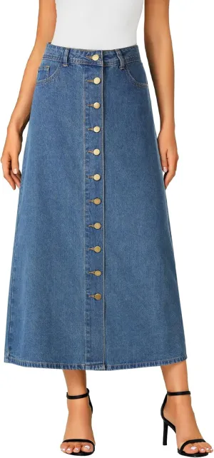 Vrtige Women's Casual Button Down High Waisted A Line Jean Midi Long Denim Skirt with Pockets