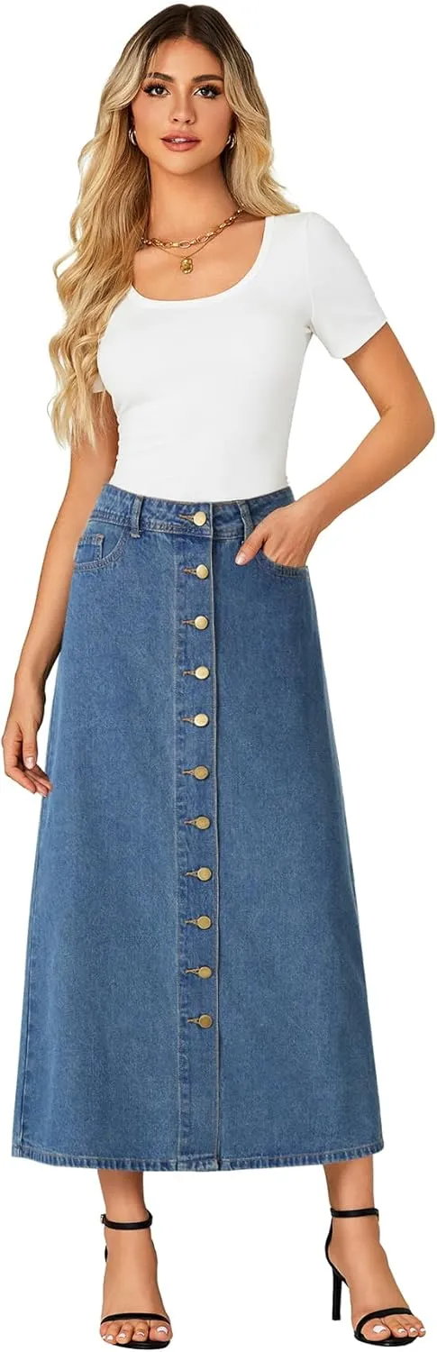 Vrtige Women's Casual Button Down High Waisted A Line Jean Midi Long Denim Skirt with Pockets