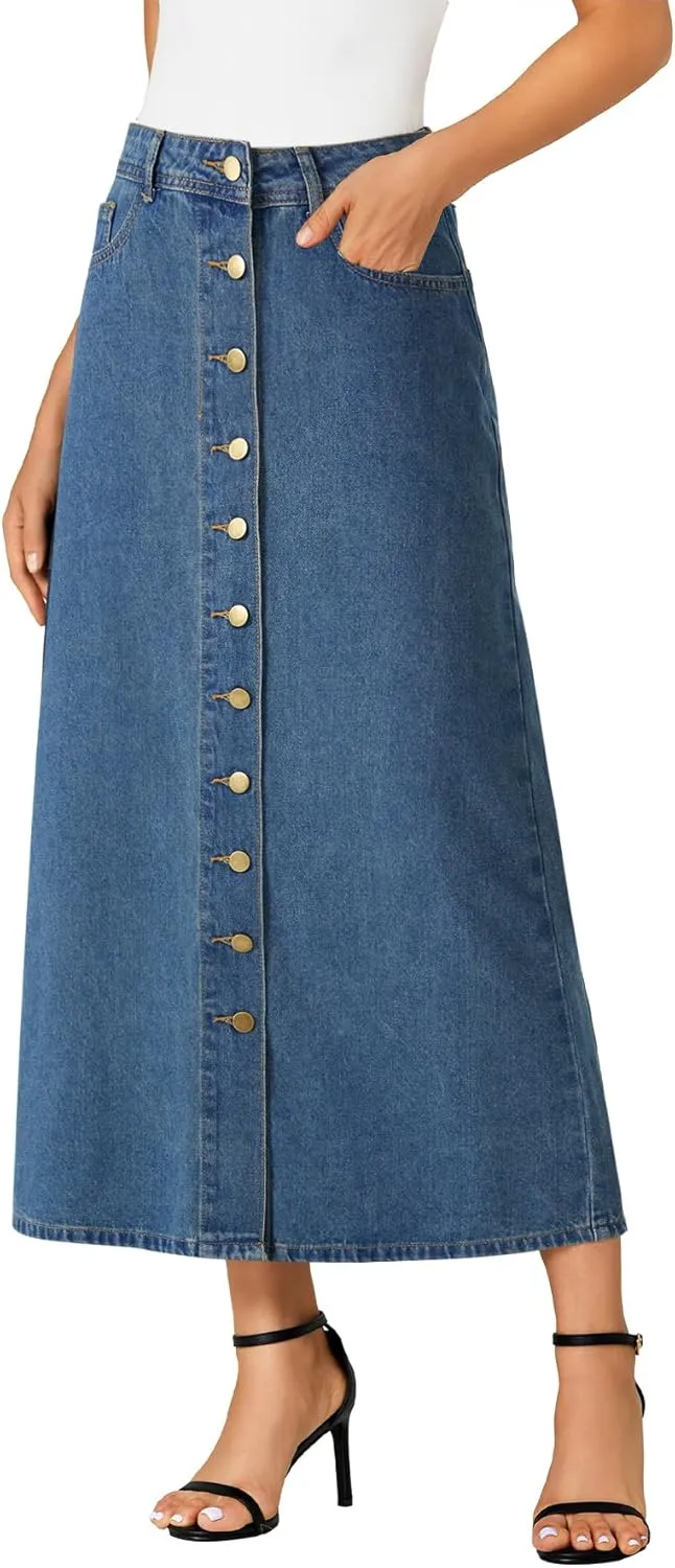 Vrtige Women's Casual Button Down High Waisted A Line Jean Midi Long Denim Skirt with Pockets