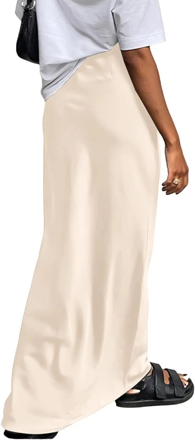 Vrtige Women's Elegant Satin Silky High Waist Zipper Flowy A Line Maxi Long Skirt