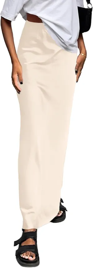 Vrtige Women's Elegant Satin Silky High Waist Zipper Flowy A Line Maxi Long Skirt