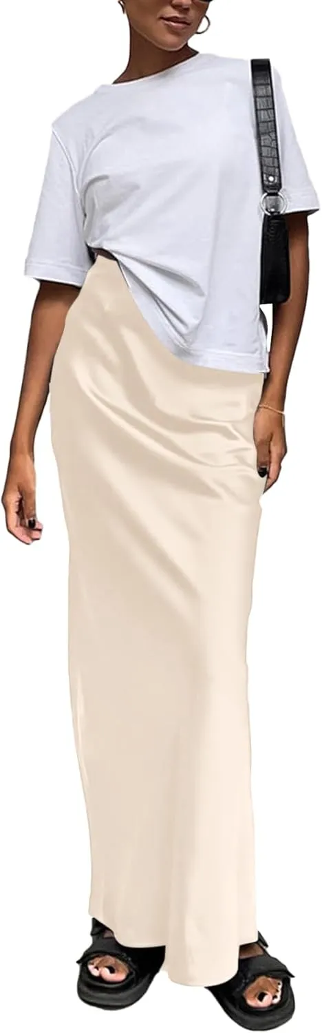 Vrtige Women's Elegant Satin Silky High Waist Zipper Flowy A Line Maxi Long Skirt