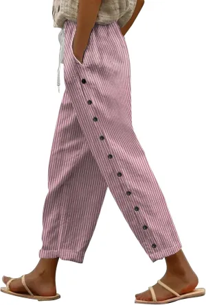 White Linen Pants Women Baggy Wide Leg Pants High Waisted Lounge Pajama Flowy Pants Women's Linen Blend Trousers with Pocket