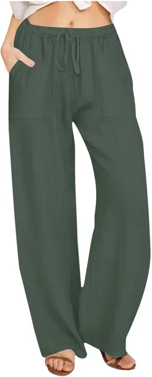 Wide Leg Linen Pants for Women 2025 Summer Drawstring Waist Loose Cotton Linen Palazzo Trousers Casual Lounge Pants