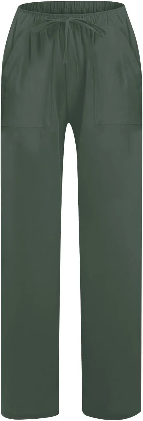 Wide Leg Linen Pants for Women 2025 Summer Drawstring Waist Loose Cotton Linen Palazzo Trousers Casual Lounge Pants