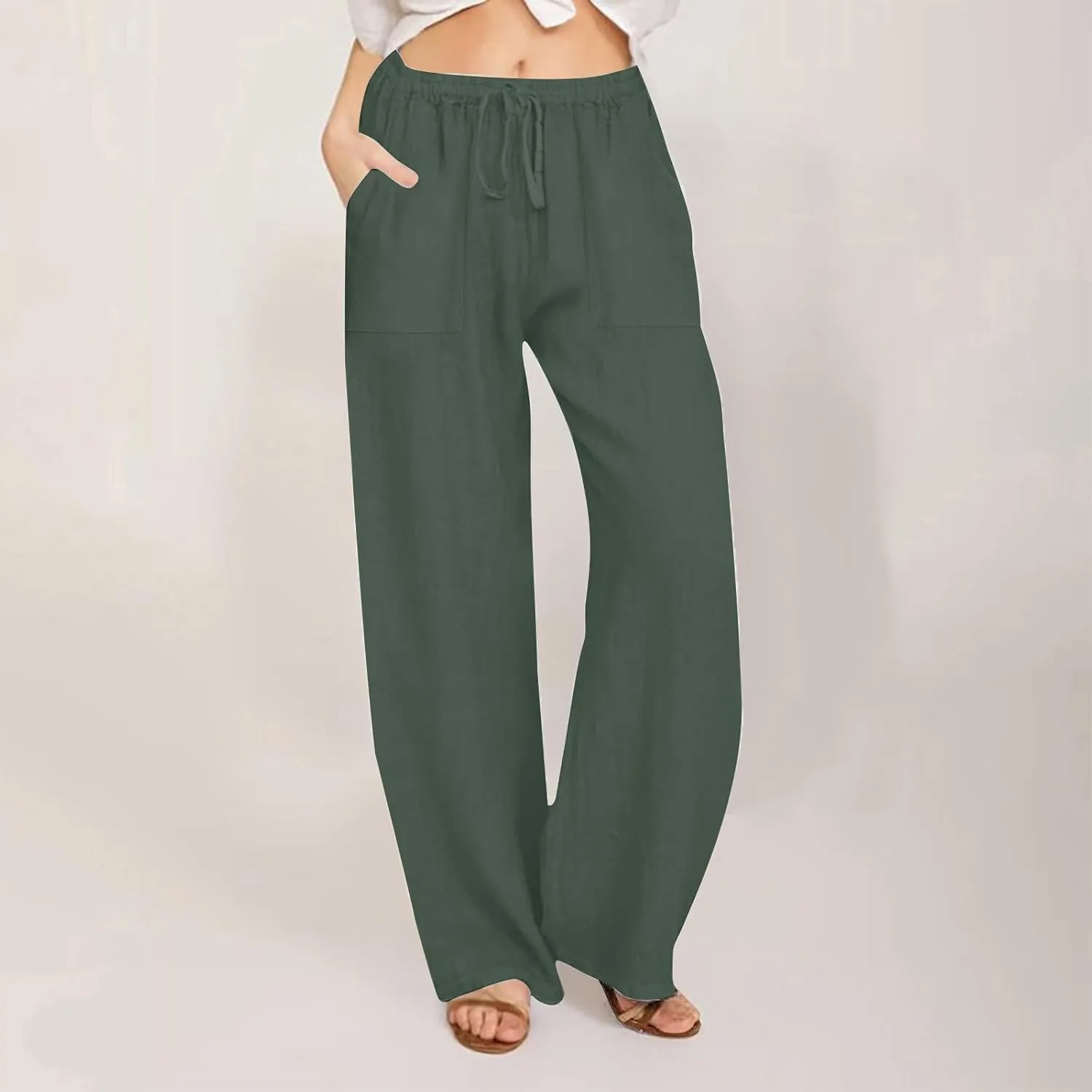 Wide Leg Linen Pants for Women 2025 Summer Drawstring Waist Loose Cotton Linen Palazzo Trousers Casual Lounge Pants