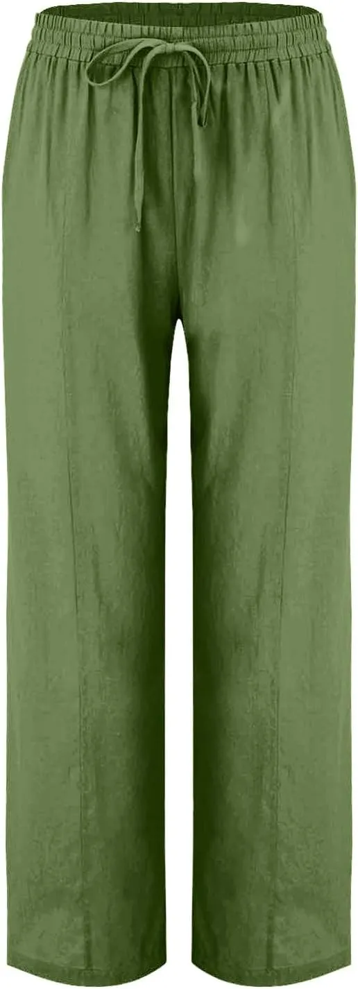 Wide Leg Linen Pants for Women Casual Loose Elastic Waisted Trousers Stripe Printed Beach Summer Pants with Pockets